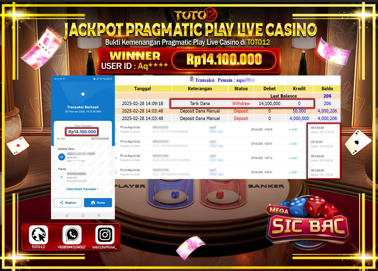 HANYA DI TOTO12 JP PASTI DI BAYAR LUNAS DAN CEPAT!!!!!! JACKPOT PRAGMATIC PLAY LIVE CASINO (MEGA SIC BAC) Rp.14.100.000 !!!!