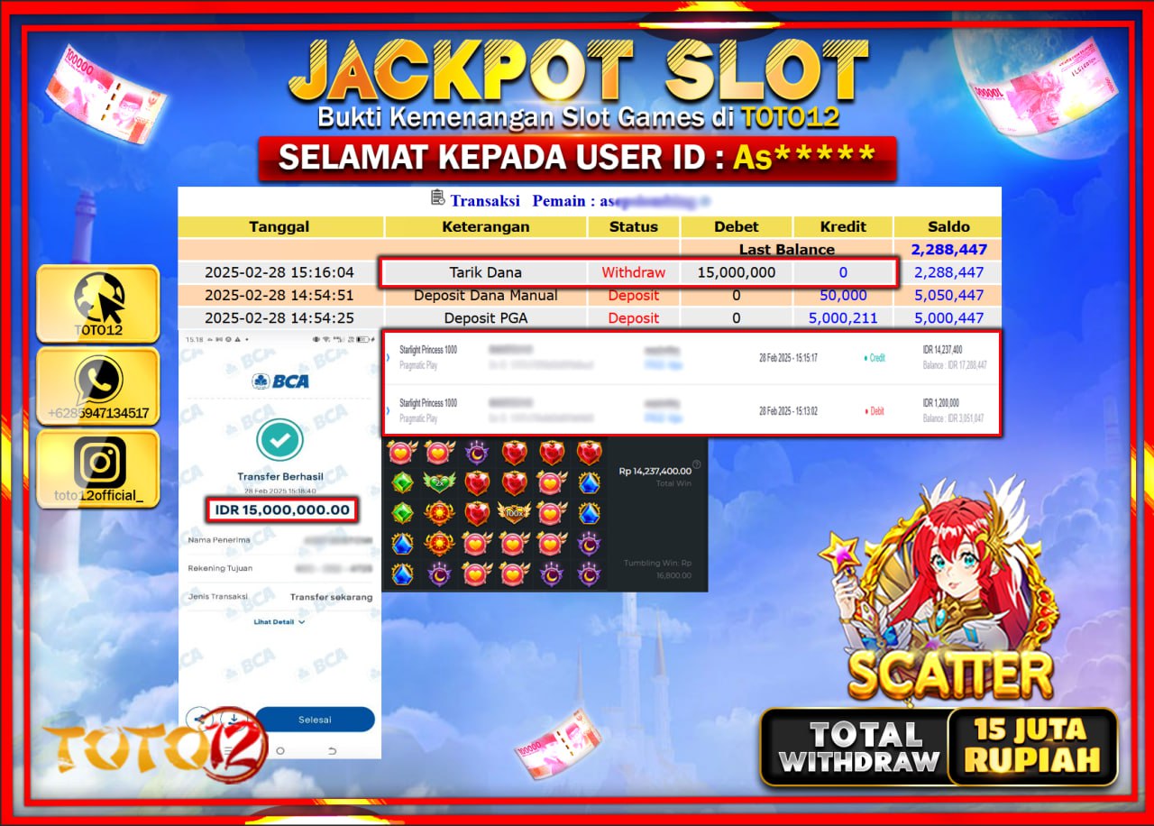 HANYA DI TOTO12 JP PASTI DI BAYAR LUNAS DAN CEPAT!!!!!! JACKPOT SLOT GAME (STARLIGHT PRINCESS 1000) Rp.15.000.000 !!!!