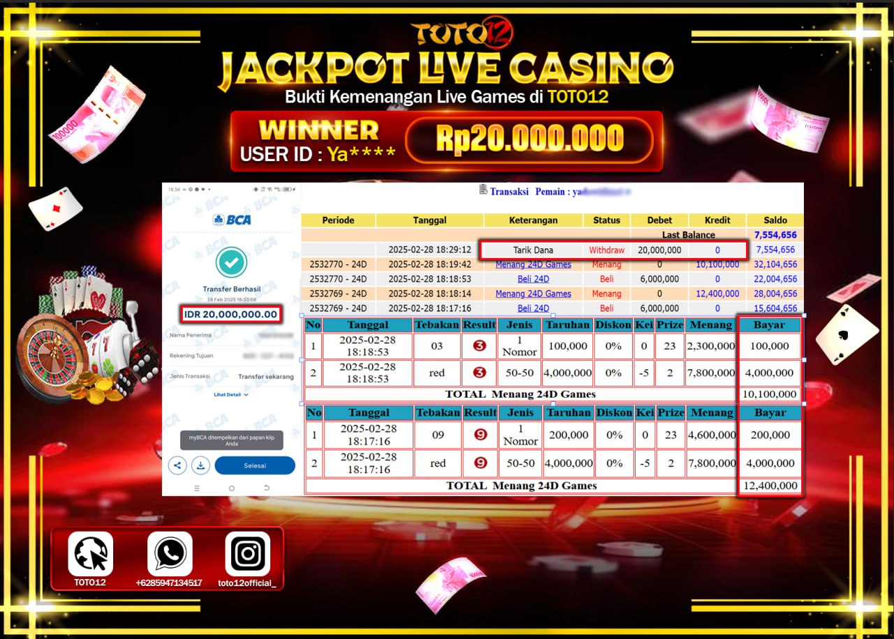 HANYA DI TOTO12 JP PASTI DI BAYAR LUNAS DAN CEPAT!!!!!! JACKPOT LIVE GEMES CASINO (24D) Rp.20.000.000 !!!!