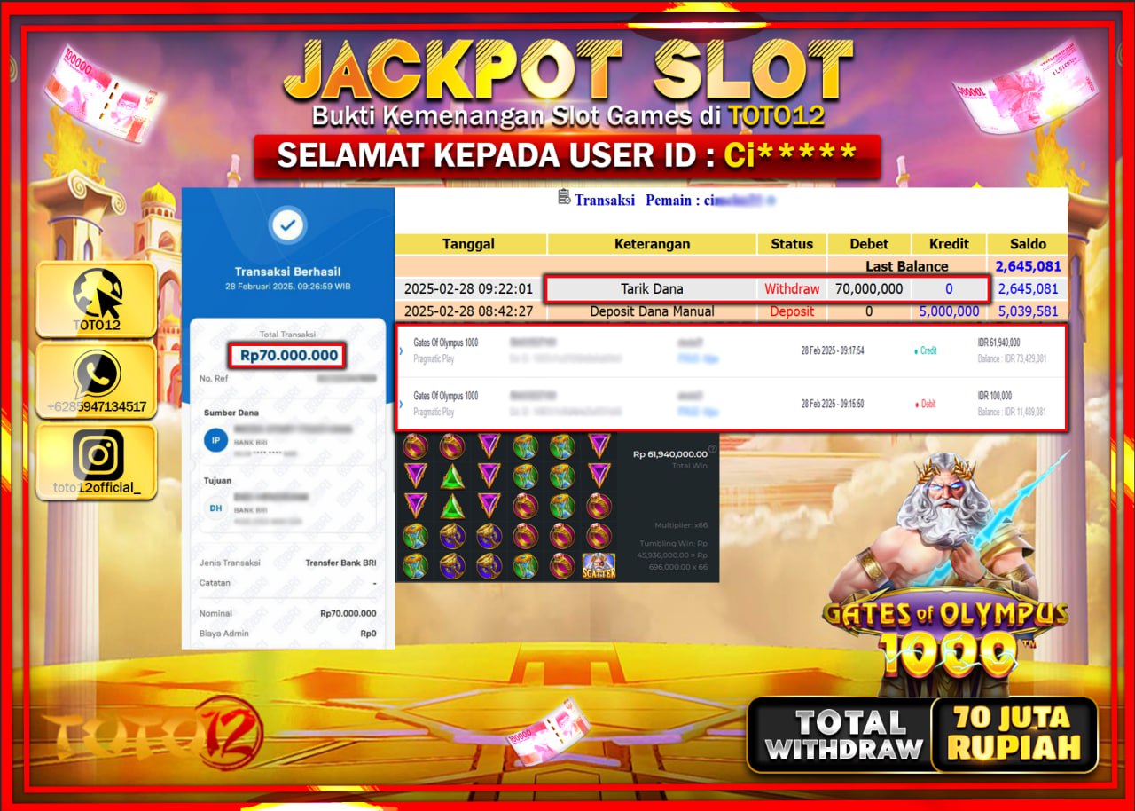 HANYA DI TOTO12 JP PASTI DI BAYAR LUNAS DAN CEPAT!!!!!! JACKPOT SLOT GAME (GATES OF OLYMPUS 1000) Rp.70.000.000 !!!!