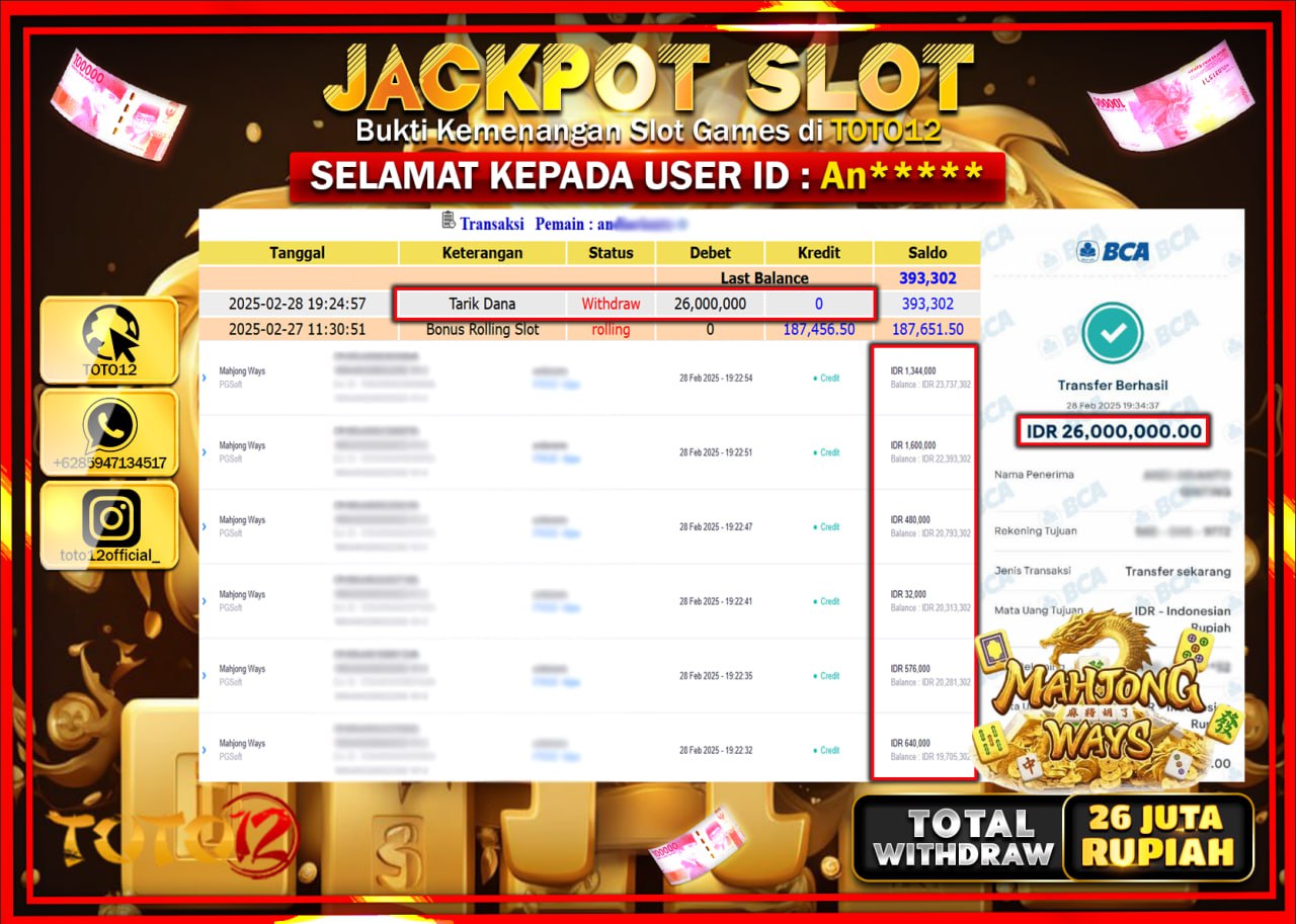 HANYA DI TOTO12 JP PASTI DI BAYAR LUNAS DAN CEPAT!!!!!! JACKPOT SLOT GAME (MAHJONG WAYS) Rp.26.000.000 !!!!