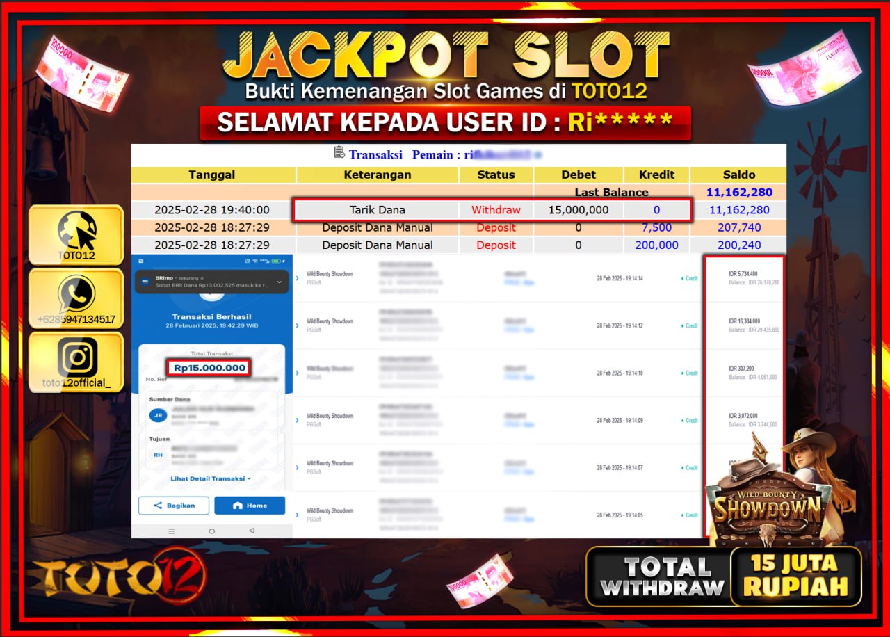 HANYA DI TOTO12 JP PASTI DI BAYAR LUNAS DAN CEPAT!!!!!! JACKPOT SLOT GAME (WILD BOUNTY SHOWDOWN) Rp.15.000.000 !!!!