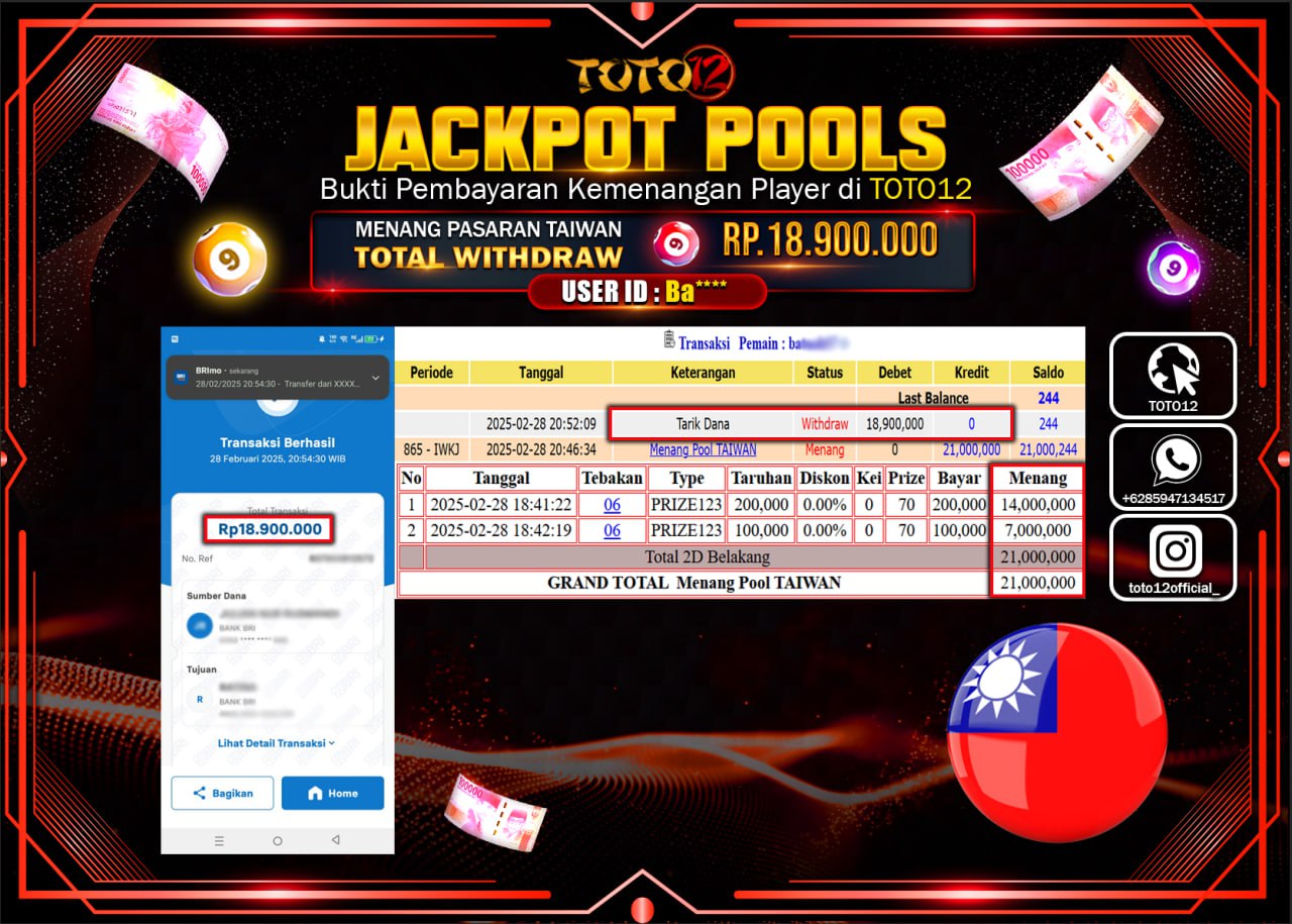 HANYA DI TOTO12 JP PASTI DI BAYAR LUNAS DAN CEPAT!!!!!! JACKPOT POOLS PASARAN (TAIWAN) Rp.18.900.000 !!!!