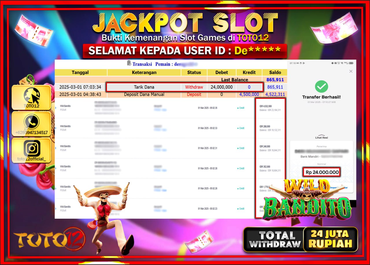 HANYA DI TOTO12 JP PASTI DI BAYAR LUNAS DAN CEPAT!!!!!! JACKPOT SLOT GAME (WILD BANDITO) Rp.24.000.000 !!!!