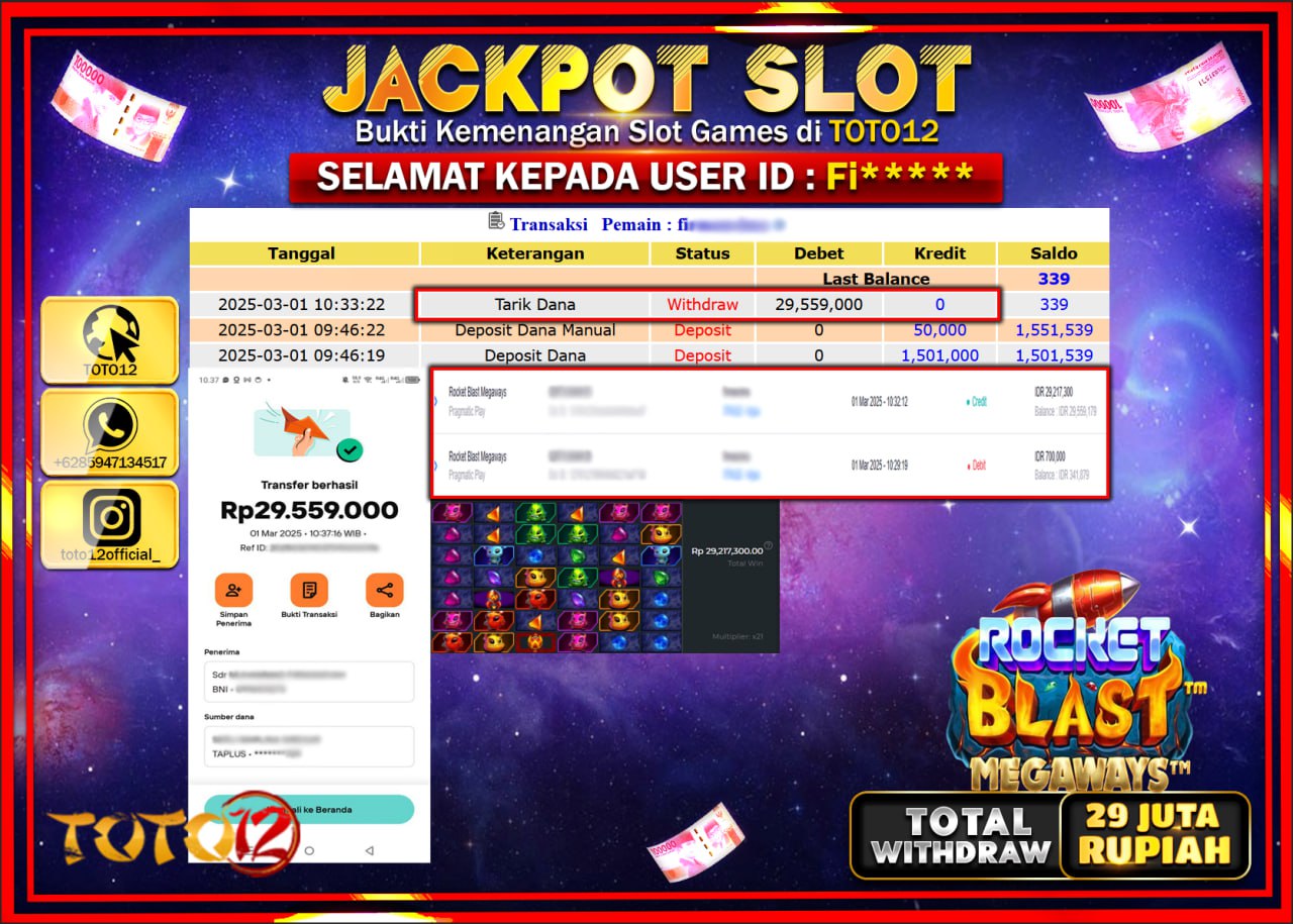 HANYA DI TOTO12 JP PASTI DI BAYAR LUNAS DAN CEPAT!!!!!! JACKPOT SLOT GAME (ROCKET BLAST MEGA WAYS) Rp.29.000.000 !!!!