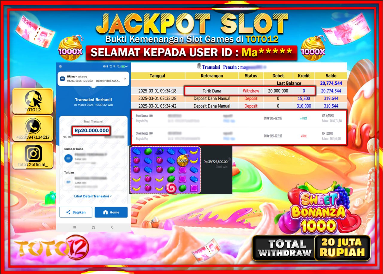 HANYA DI TOTO12 JP PASTI DI BAYAR LUNAS DAN CEPAT!!!!!! JACKPOT SLOT GAME (SWEET BONANZA 1000) Rp.20.000.000 !!!!