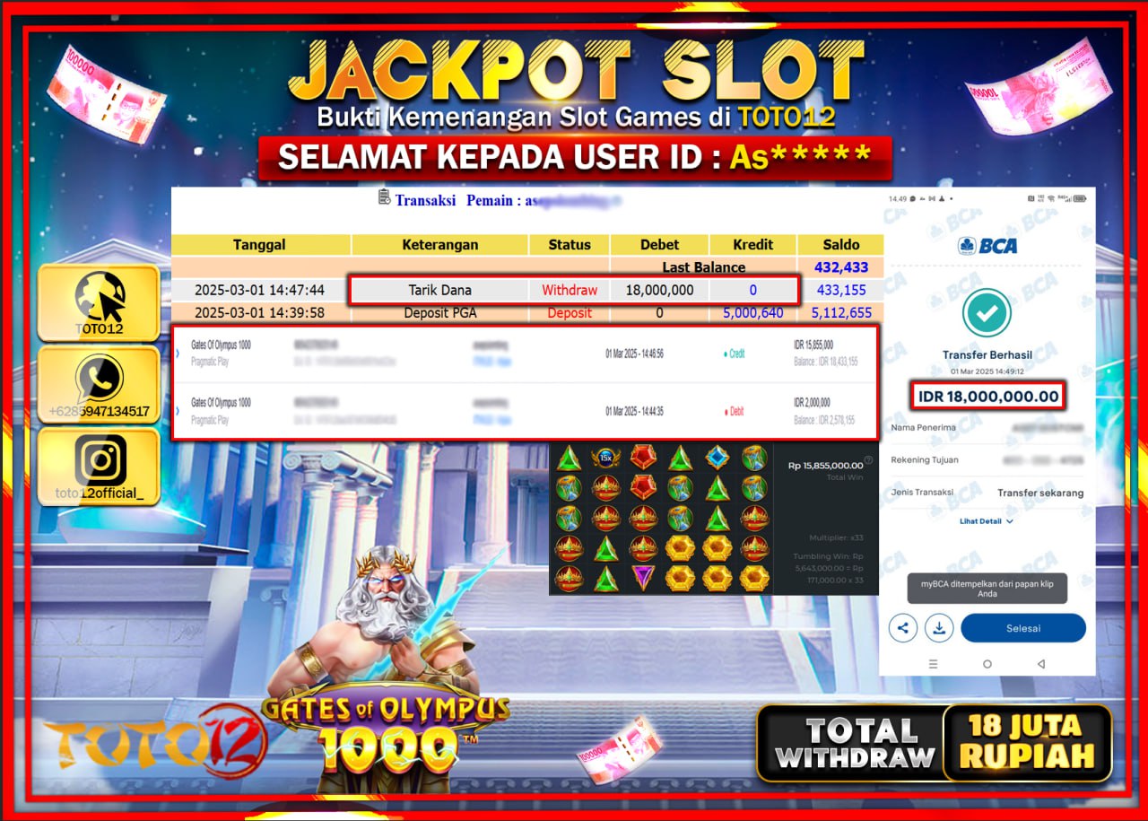 HANYA DI TOTO12 JP PASTI DI BAYAR LUNAS DAN CEPAT!!!!!! JACKPOT SLOT GAME (GATES OF OLYMPUS 1000) Rp.18.000.000 !!!!