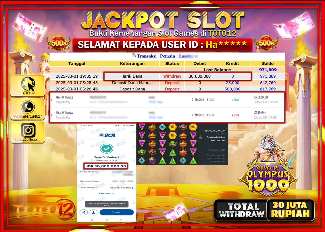 HANYA DI TOTO12 JP PASTI DI BAYAR LUNAS DAN CEPAT!!!!!! JACKPOT SLOT GAME (GATES OF OLYMPUS 1000) Rp.30.000.000 !!!!