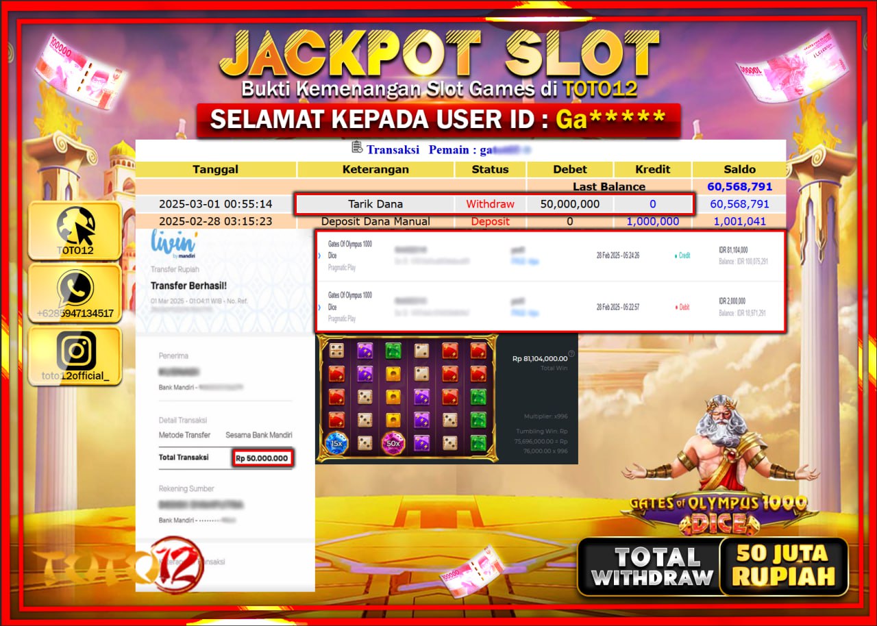 HANYA DI TOTO12 JP PASTI DI BAYAR LUNAS DAN CEPAT!!!!!! JACKPOT SLOT GAME (GATES OF OLYMPUS 1000 DICE) Rp.50.000.000 !!!!