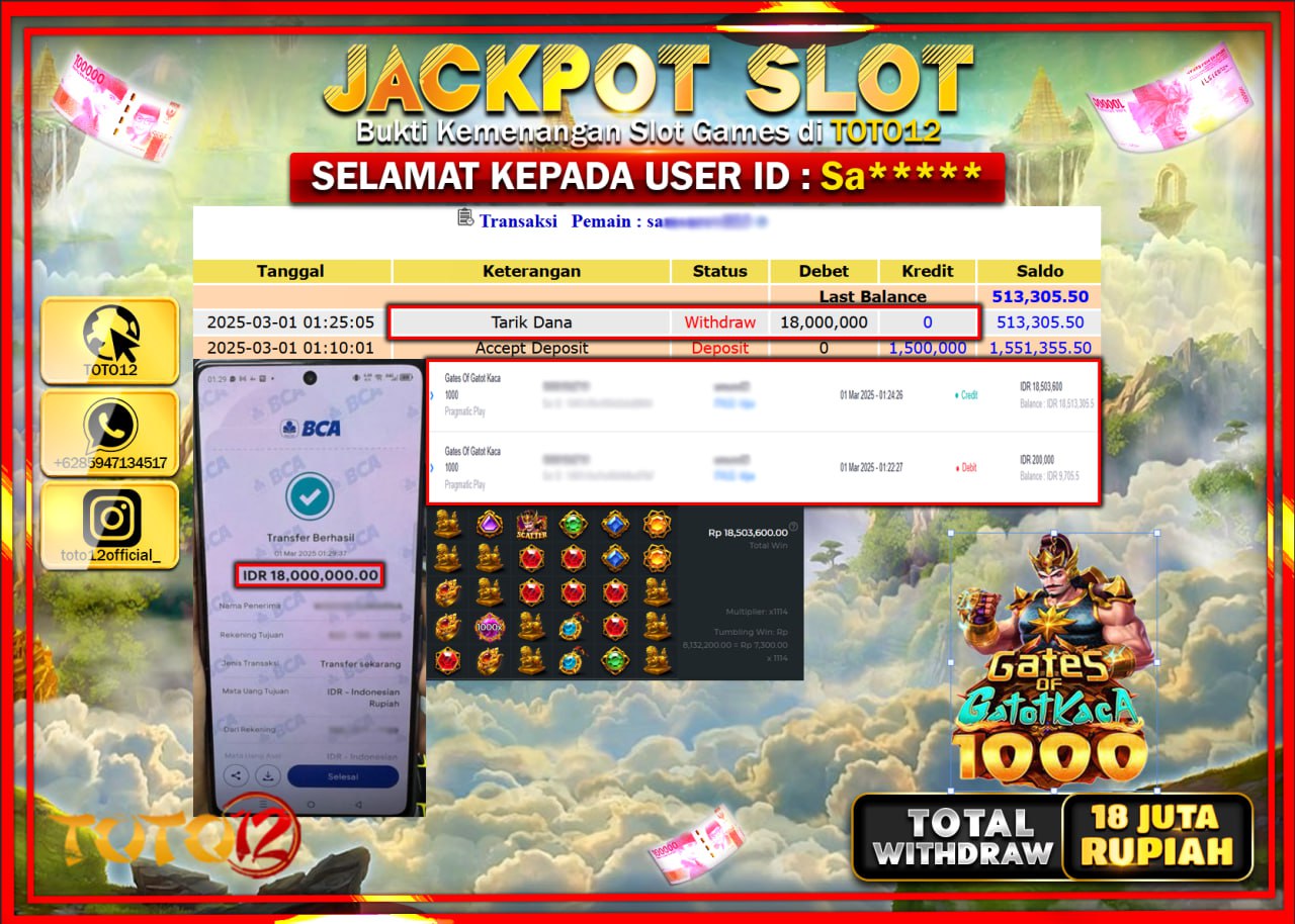 HANYA DI TOTO12 JP PASTI DI BAYAR LUNAS DAN CEPAT!!!!!! JACKPOT SLOT GAME (GATES OF GATOT KACA 1000) Rp.18.000.000 !!!!