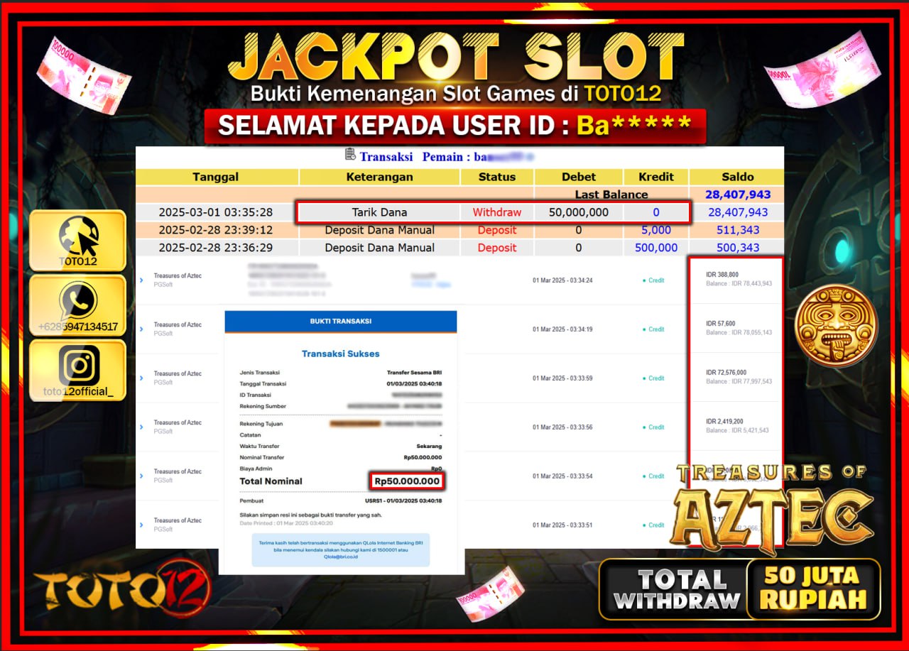 HANYA DI TOTO12 JP PASTI DI BAYAR LUNAS DAN CEPAT!!!!!! JACKPOT SLOT GAME (TREASURES OF AZTEC) Rp.50.000.000 !!!!