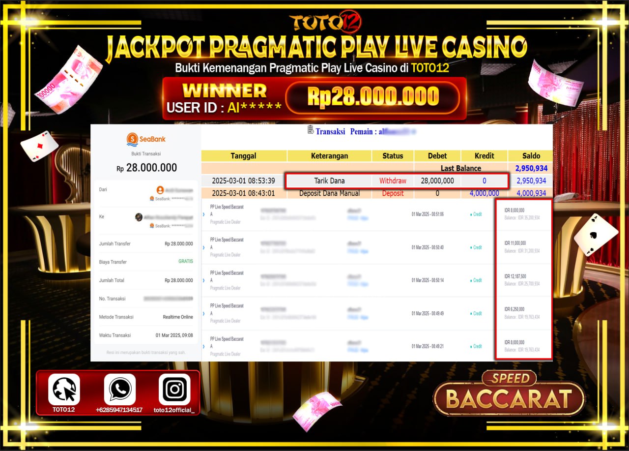 HANYA DI TOTO12 JP PASTI DI BAYAR LUNAS DAN CEPAT!!!!!! JACKPOT PRAGMATIC PLAY LIVE CASINO (SPEED BACCARAT) Rp.28.000.000 !!!!