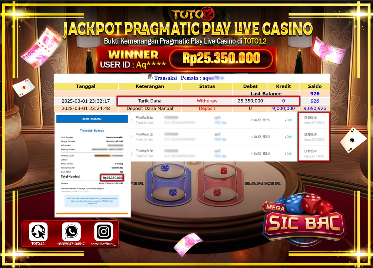 HANYA DI TOTO12 JP PASTI DI BAYAR LUNAS DAN CEPAT!!!!!! JACKPOT PRAGMATIC PLAY LIVE CASINO (MEGA SIC BAC) Rp.25.350.000 !!!!