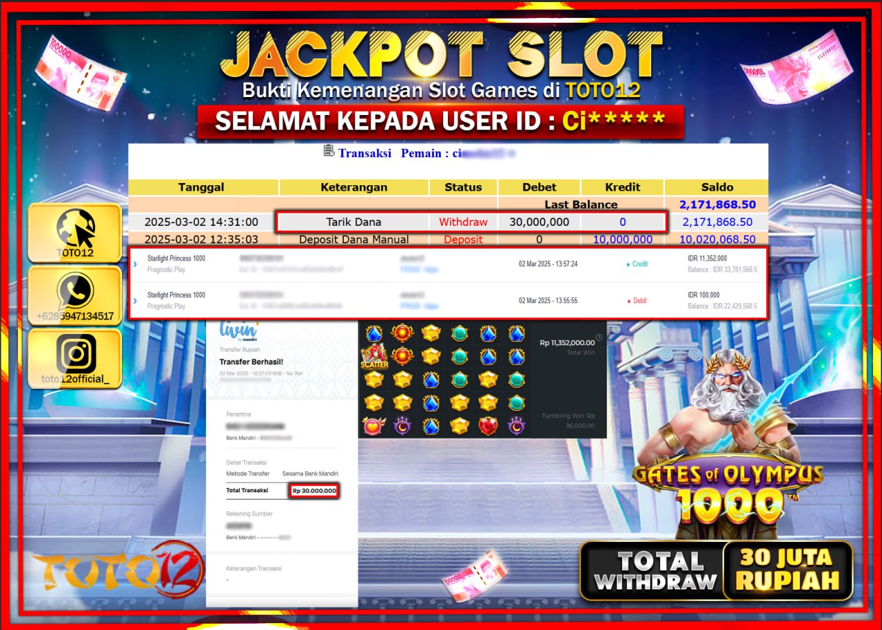 HANYA DI TOTO12 JP PASTI DI BAYAR LUNAS DAN CEPAT!!!!!! JACKPOT SLOT GAME (GATES OF OLYMPUS 1000) Rp.30.000.000 !!!!