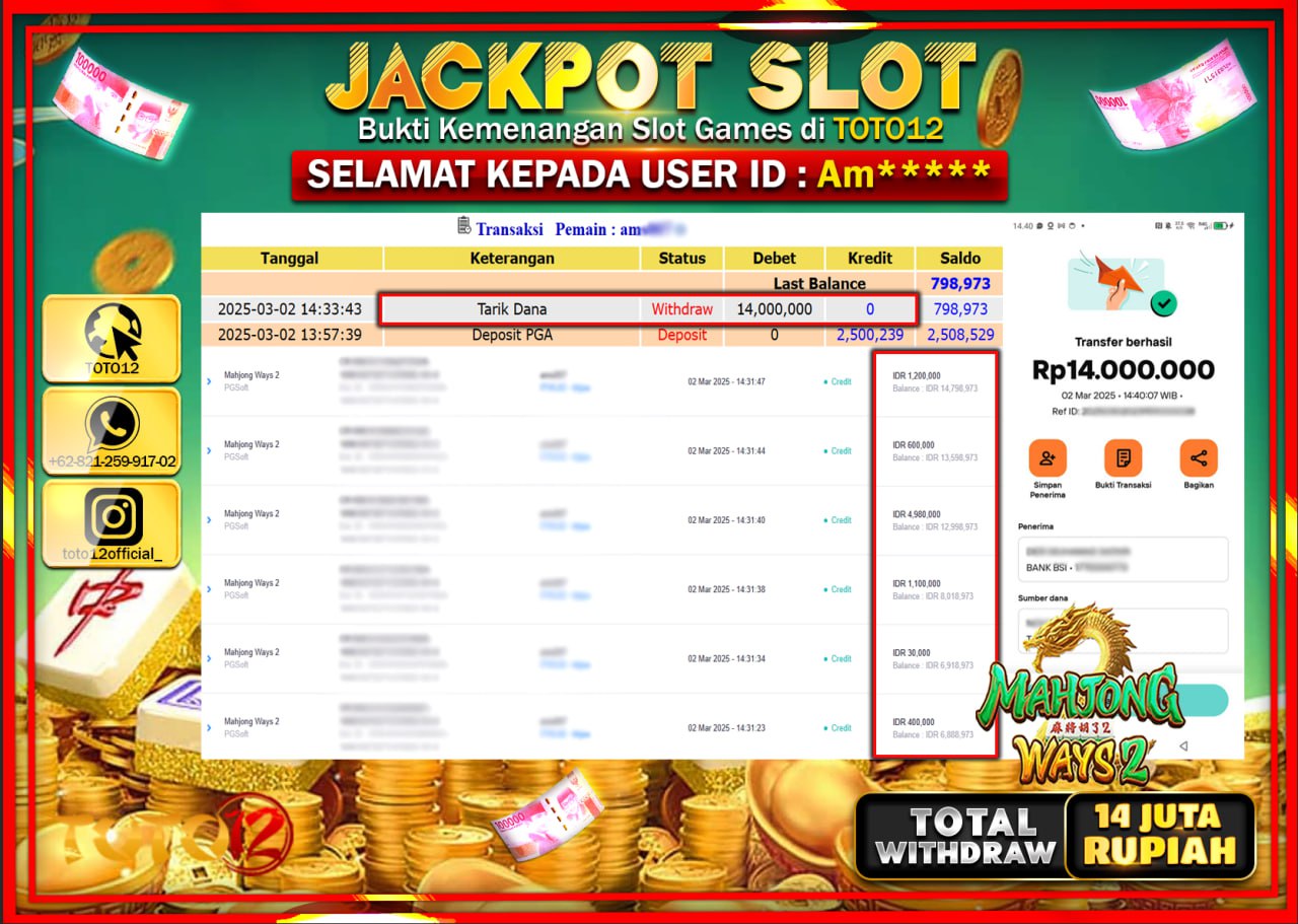 HANYA DI TOTO12 JP PASTI DI BAYAR LUNAS DAN CEPAT!!!!!! JACKPOT SLOT GAME (MAHJONG WAYS 2) Rp.14.000.000 !!!!