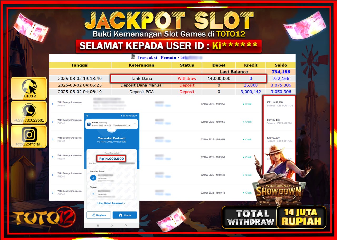 HANYA DI TOTO12 JP PASTI DI BAYAR LUNAS DAN CEPAT!!!!!! JACKPOT SLOT GAME (WILD BOUNTY SHOWDOWN) Rp.14.000.000 !!!!