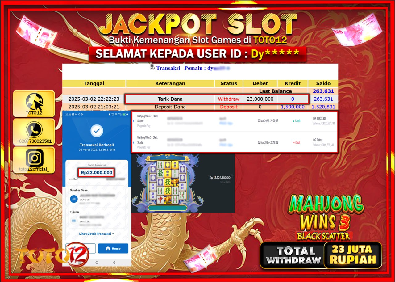 HANYA DI TOTO12 JP PASTI DI BAYAR LUNAS DAN CEPAT!!!!!! JACKPOT SLOT GAME (MAHJONG WINS 3 BLACK SCATTER) Rp.23.000.000 !!!!
