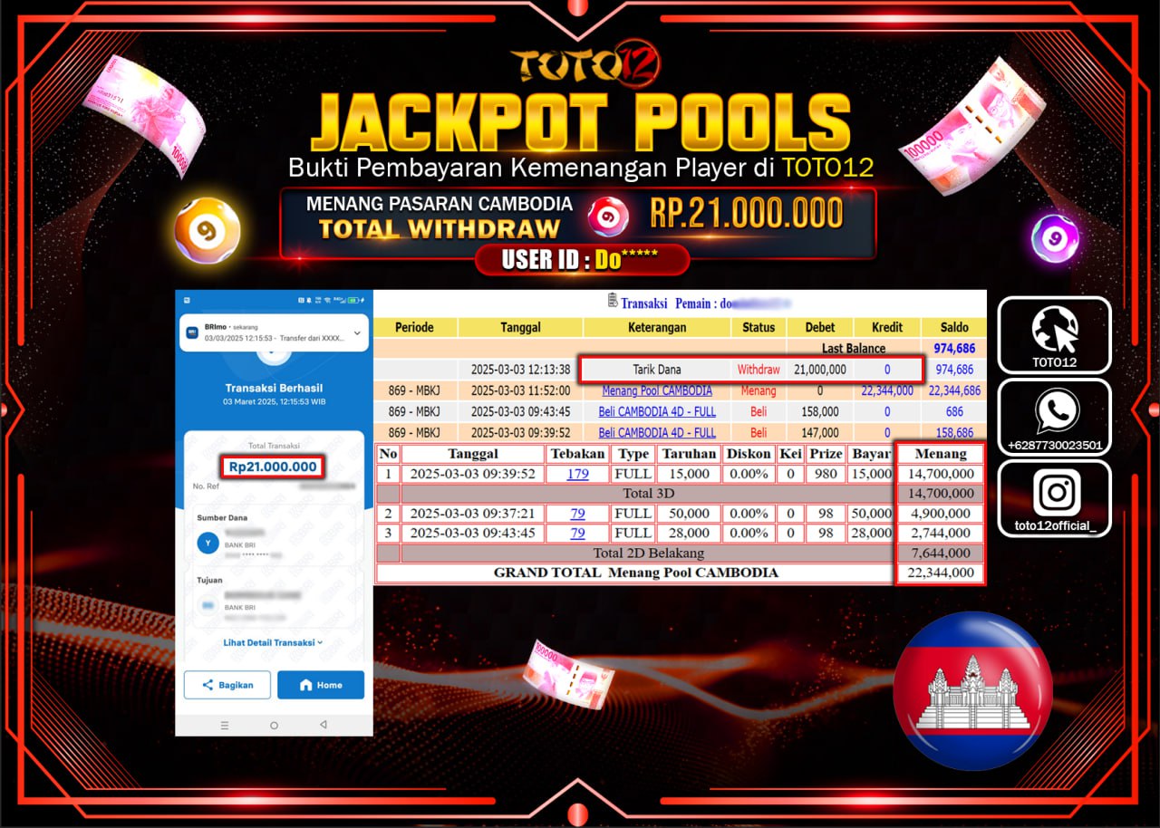 HANYA DI TOTO12 JP PASTI DI BAYAR LUNAS DAN CEPAT!!!!!! JACKPOT POOLS PASARAN (CAMBODIA) Rp.21.000.000 !!!!