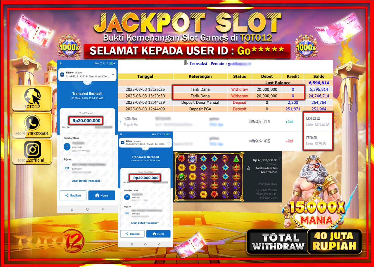 HANYA DI TOTO12 JP PASTI DI BAYAR LUNAS DAN CEPAT!!!!!! JACKPOT SLOT GAME (15.000X MANIA) Rp.40.000.000 !!!!