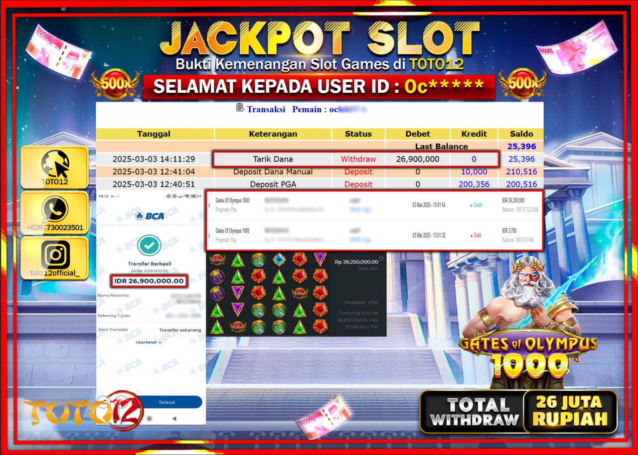HANYA DI TOTO12 JP PASTI DI BAYAR LUNAS DAN CEPAT!!!!!! JACKPOT SLOT GAME (GATES OF OLYMPUS 1000) Rp.26.000.000 !!!!