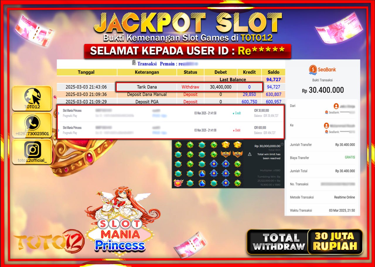 HANYA DI TOTO12 JP PASTI DI BAYAR LUNAS DAN CEPAT!!!!!! JACKPOT SLOT GAME (SLOT MANIA PRINCESS) Rp.30.000.000 !!!!
