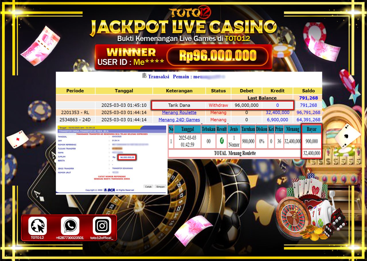 HANYA DI TOTO12 JP PASTI DI BAYAR LUNAS DAN CEPAT!!!!!! JACKPOT LIVE GAMES CASINO (ROULETTE) Rp.96.000.000 !!!!