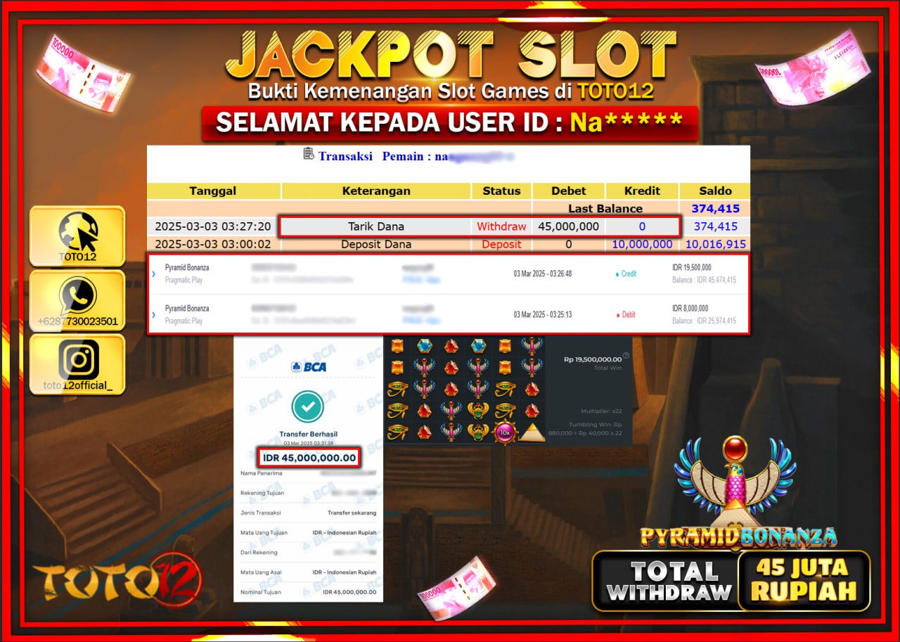 HANYA DI TOTO12 JP PASTI DI BAYAR LUNAS DAN CEPAT!!!!!! JACKPOT SLOT GAME (PYRAMID BONANZA) Rp.45.000.000 !!!!