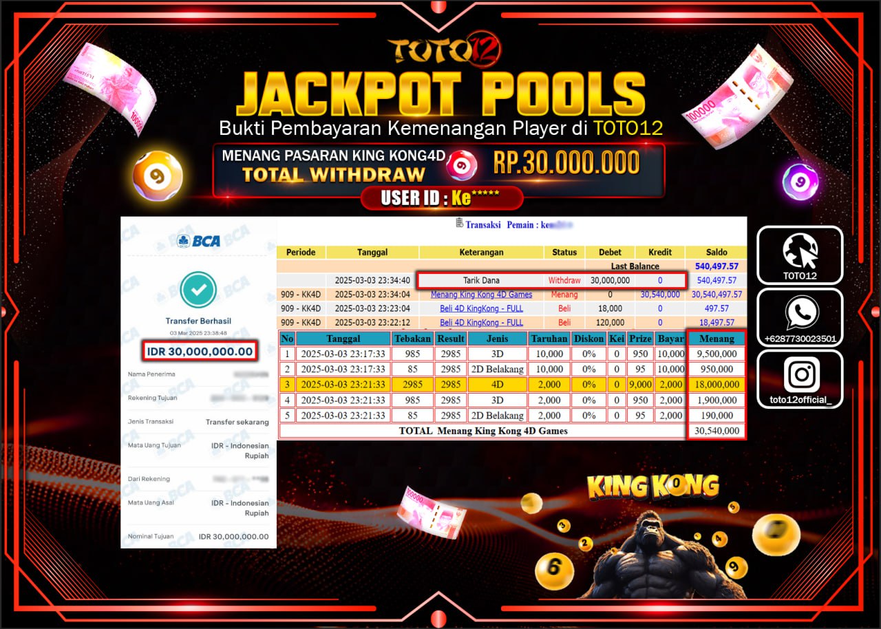 HANYA DI TOTO12 JP PASTI DI BAYAR LUNAS DAN CEPAT!!!!!! JACKPOT POOLS PASARAN (KING KONG) Rp.30.000.000 !!!!