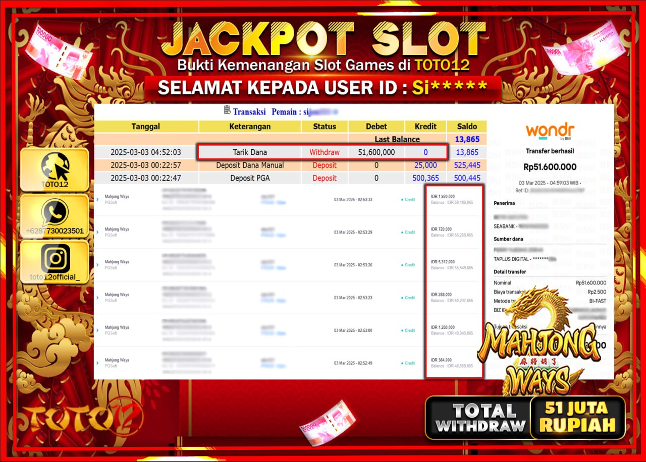 HANYA DI TOTO12 JP PASTI DI BAYAR LUNAS DAN CEPAT!!!!!! JACKPOT SLOT GAME (MAHJONG WAYS) Rp.51.000.000 !!!!