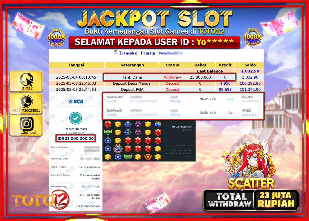 HANYA DI TOTO12 JP PASTI DI BAYAR LUNAS DAN CEPAT!!!!!! JACKPOT SLOT GAME (STARLIGHT PRINCESS 1000) Rp.23.000.000 !!!!