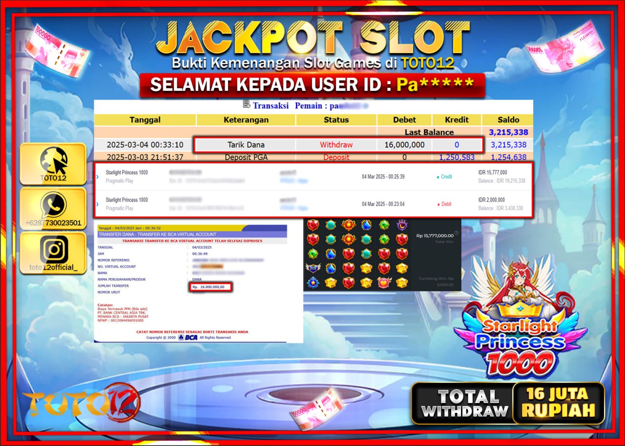HANYA DI TOTO12 JP PASTI DI BAYAR LUNAS DAN CEPAT!!!!!! JACKPOT SLOT GAME (STARLIGHT PRINCESS 1000) Rp.16.000.000 !!!!
