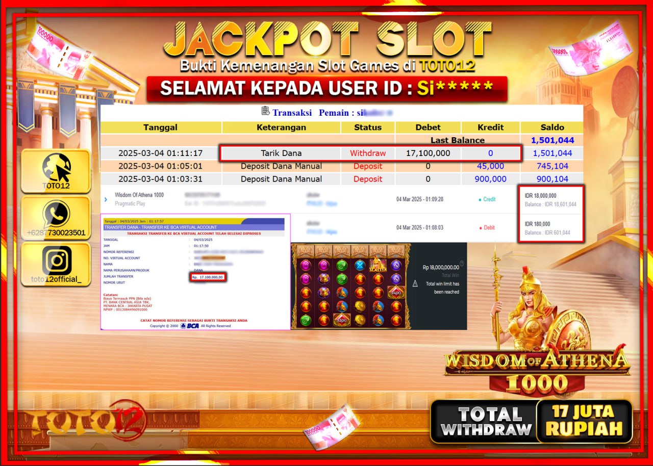 HANYA DI TOTO12 JP PASTI DI BAYAR LUNAS DAN CEPAT!!!!!! JACKPOT SLOT GAME (WISDOM OF ATHENA 1000) Rp.17.000.000 !!!!