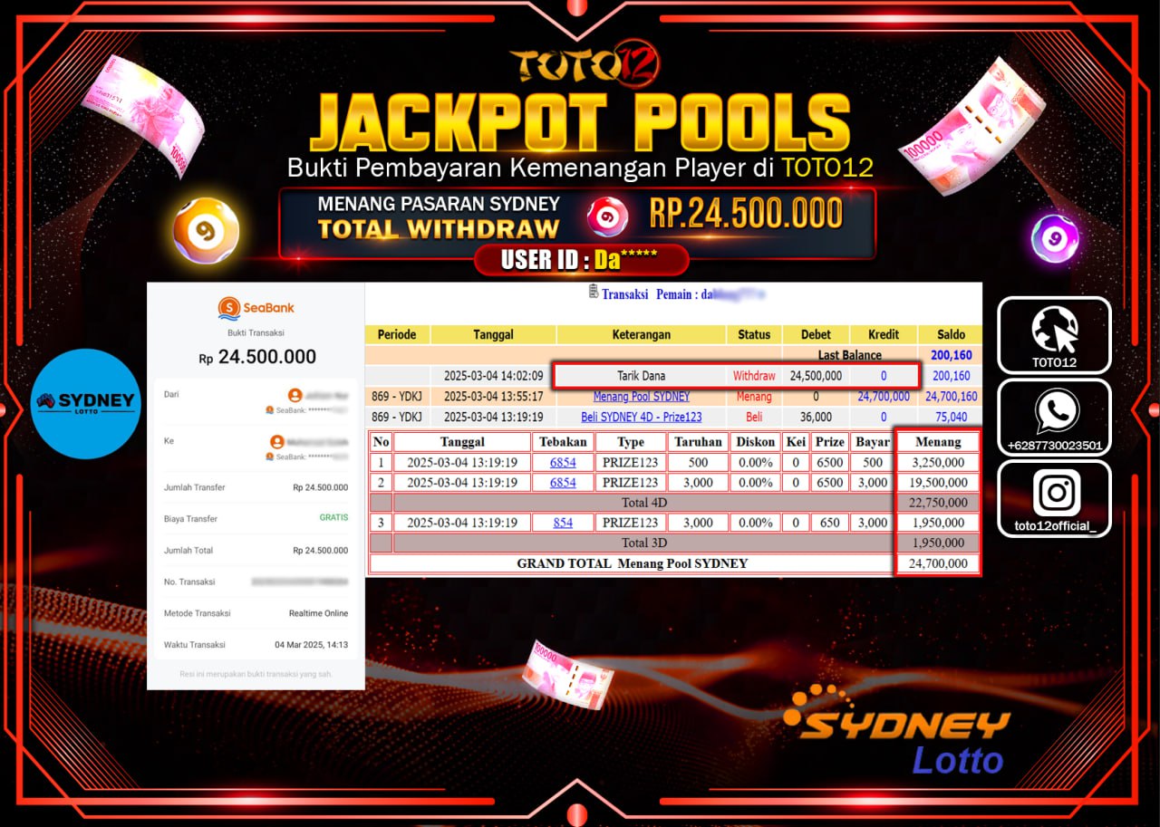 HANYA DI TOTO12 JP PASTI DI BAYAR LUNAS DAN CEPAT!!!!!! JACKPOT POOLS PASARAN (SYDNEY) Rp.24.500.000 !!!!