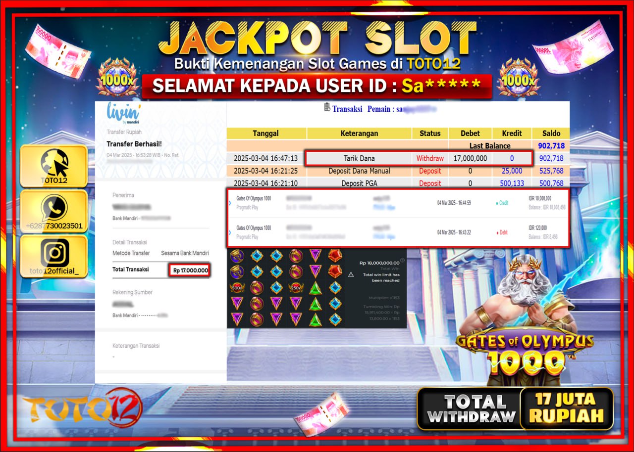 HANYA DI TOTO12 JP PASTI DI BAYAR LUNAS DAN CEPAT!!!!!! JACKPOT SLOT GAME (GATES OF OLYMPUS 1000) Rp.17.000.000 !!!!