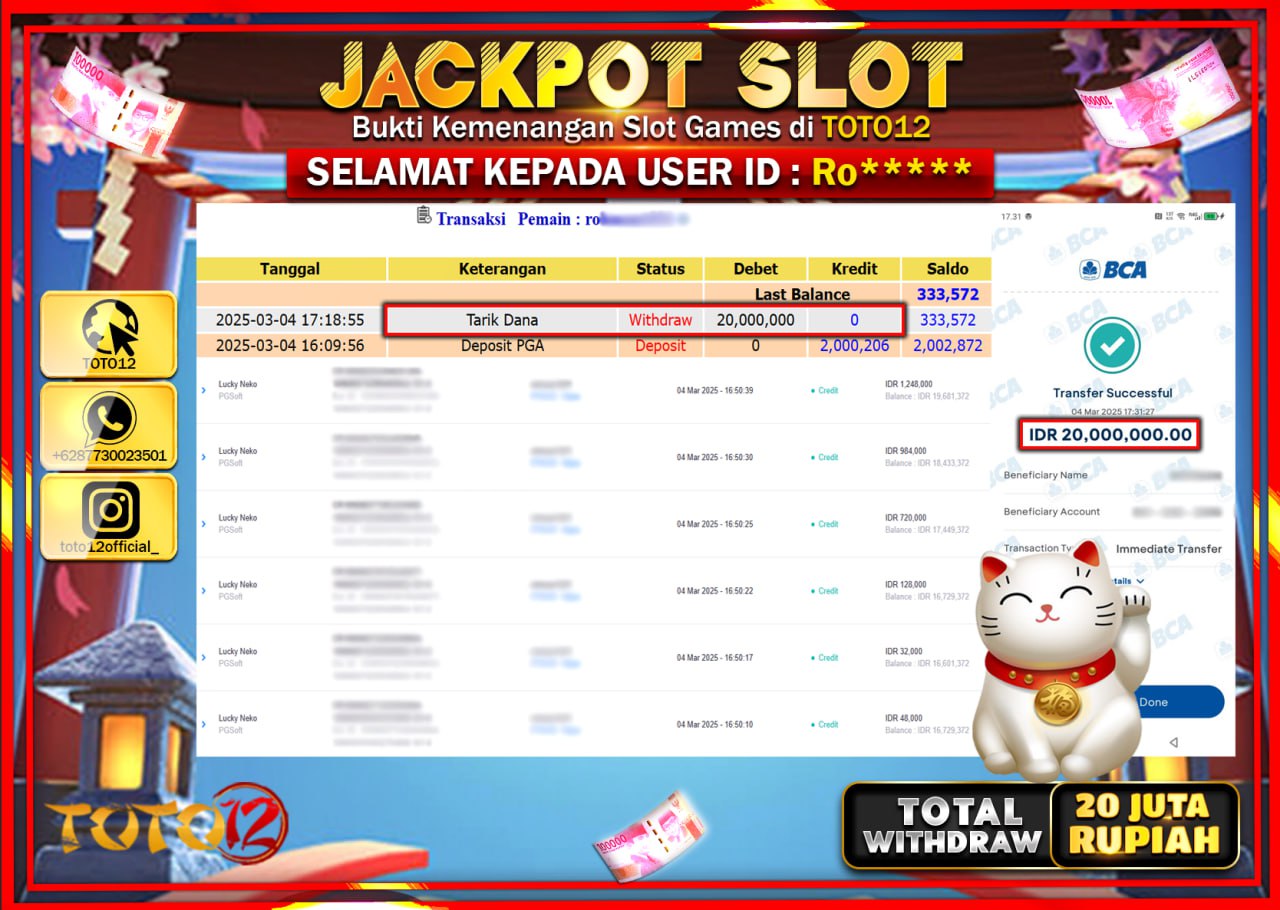 HANYA DI TOTO12 JP PASTI DI BAYAR LUNAS DAN CEPAT!!!!!! JACKPOT SLOT GAME (LUCKY NEKO) Rp.20.000.000 !!!!