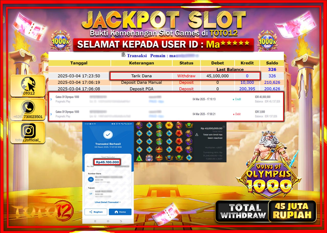HANYA DI TOTO12 JP PASTI DI BAYAR LUNAS DAN CEPAT!!!!!! JACKPOT SLOT GAME (GATES OF OLYMPUS 1000) Rp.45.000.000 !!!!