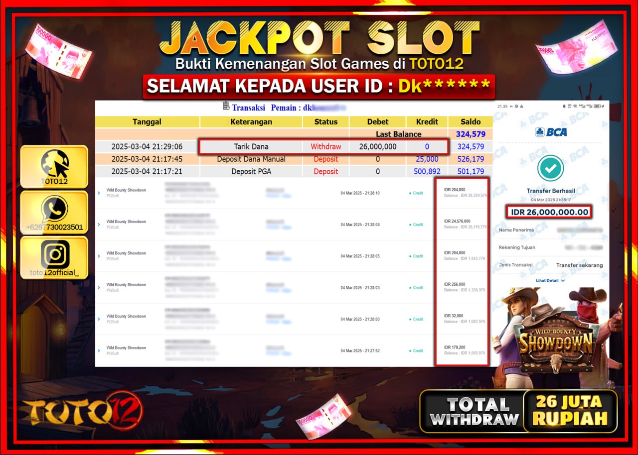 HANYA DI TOTO12 JP PASTI DI BAYAR LUNAS DAN CEPAT!!!!!! JACKPOT SLOT GAME (WILD BOUNTY SHOWDOWN) Rp.26.000.000 !!!!