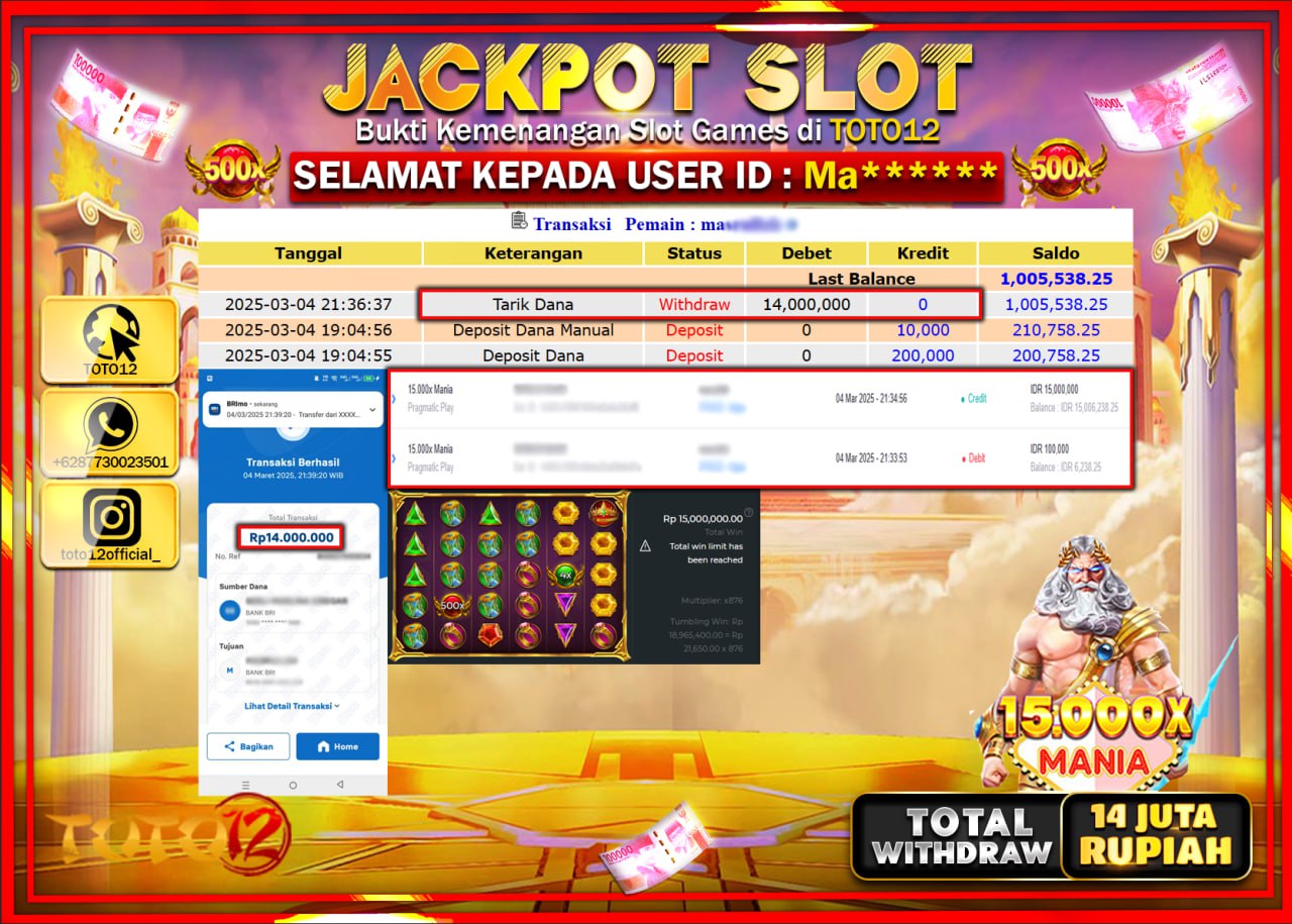 HANYA DI TOTO12 JP PASTI DI BAYAR LUNAS DAN CEPAT!!!!!! JACKPOT SLOT GAME (15.000X MANIA) Rp.14.000.000 !!!!