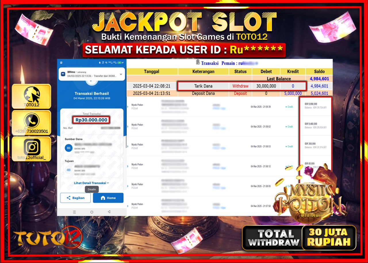 HANYA DI TOTO12 JP PASTI DI BAYAR LUNAS DAN CEPAT!!!!!! JACKPOT SLOT GAME (MYSTIC POTION) Rp.30.000.000 !!!!
