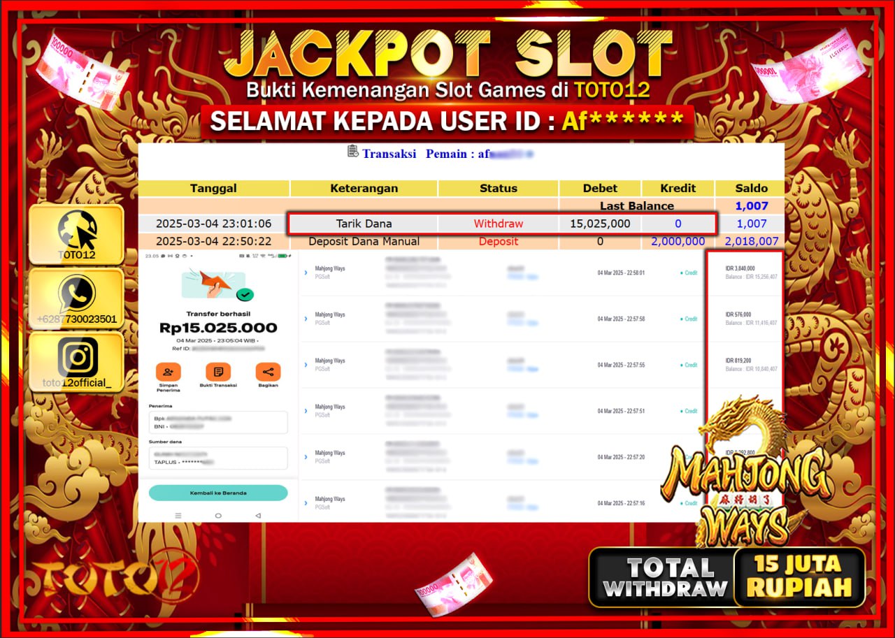 HANYA DI TOTO12 JP PASTI DI BAYAR LUNAS DAN CEPAT!!!!!! JACKPOT SLOT GAME (MAHJONG WAYS) Rp.15.000.000 !!!!