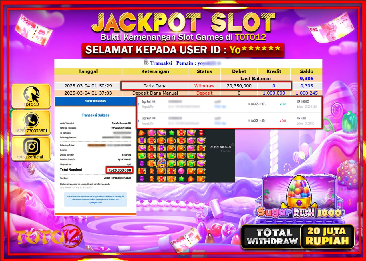 HANYA DI TOTO12 JP PASTI DI BAYAR LUNAS DAN CEPAT!!!!!! JACKPOT SLOT GAME (SUGAR RUSH 1000) Rp.20.000.000 !!!!