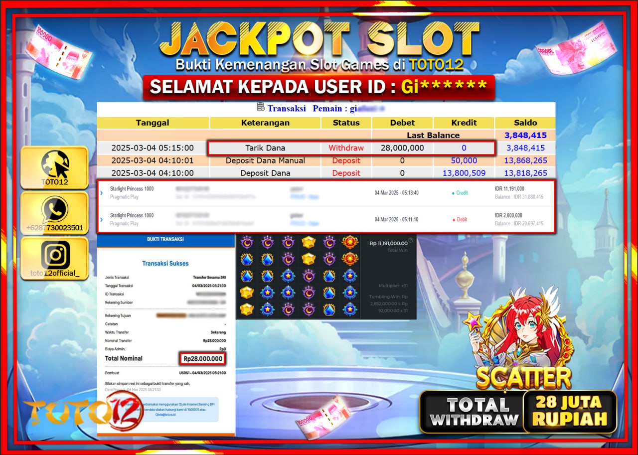 HANYA DI TOTO12 JP PASTI DI BAYAR LUNAS DAN CEPAT!!!!!! JACKPOT SLOT GAME (STARLIGHT PRINCESS 1000) Rp.28.000.000 !!!!