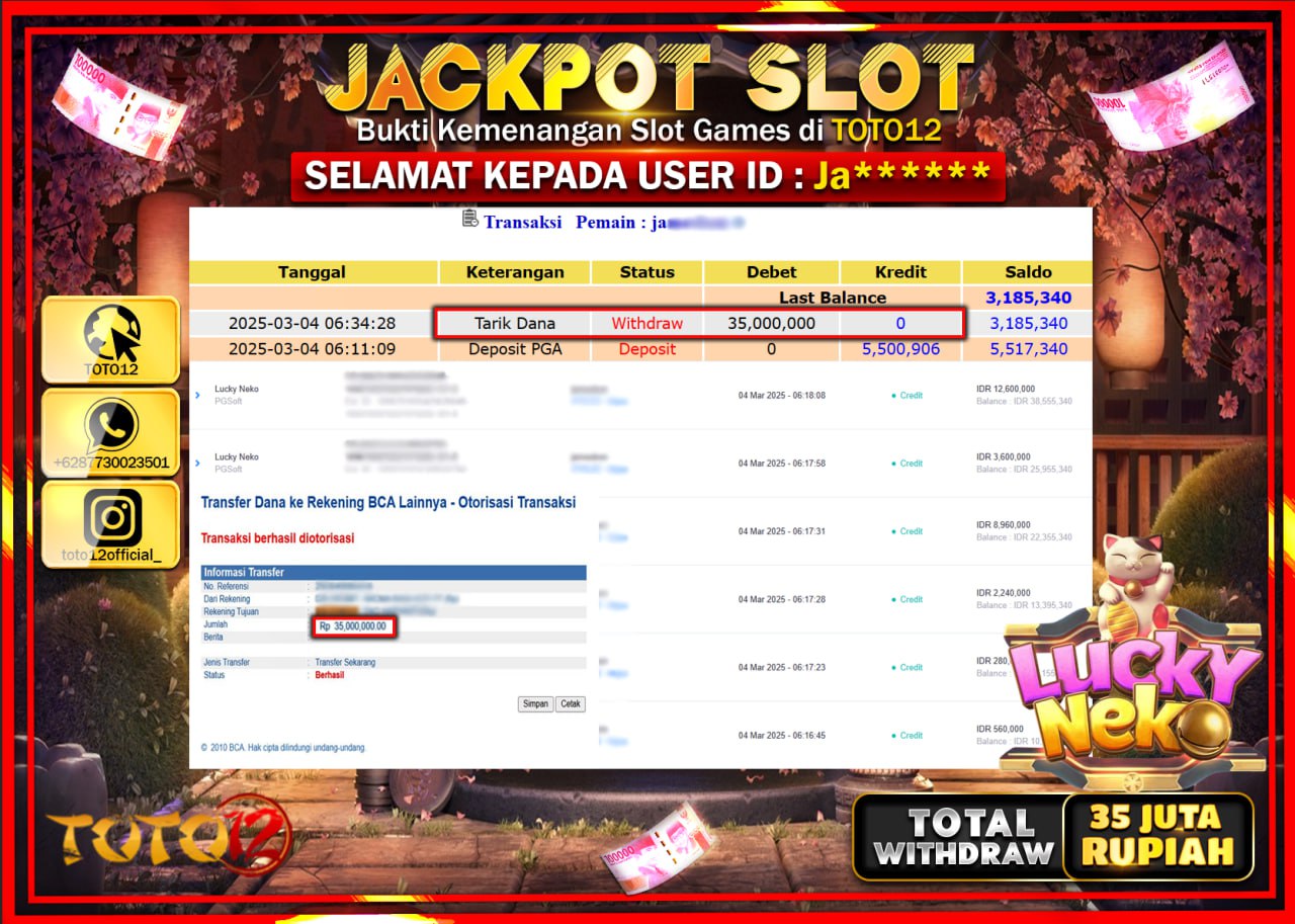HANYA DI TOTO12 JP PASTI DI BAYAR LUNAS DAN CEPAT!!!!!! JACKPOT SLOT GAME (LUCKY NEKO) Rp.35.000.000 !!!!