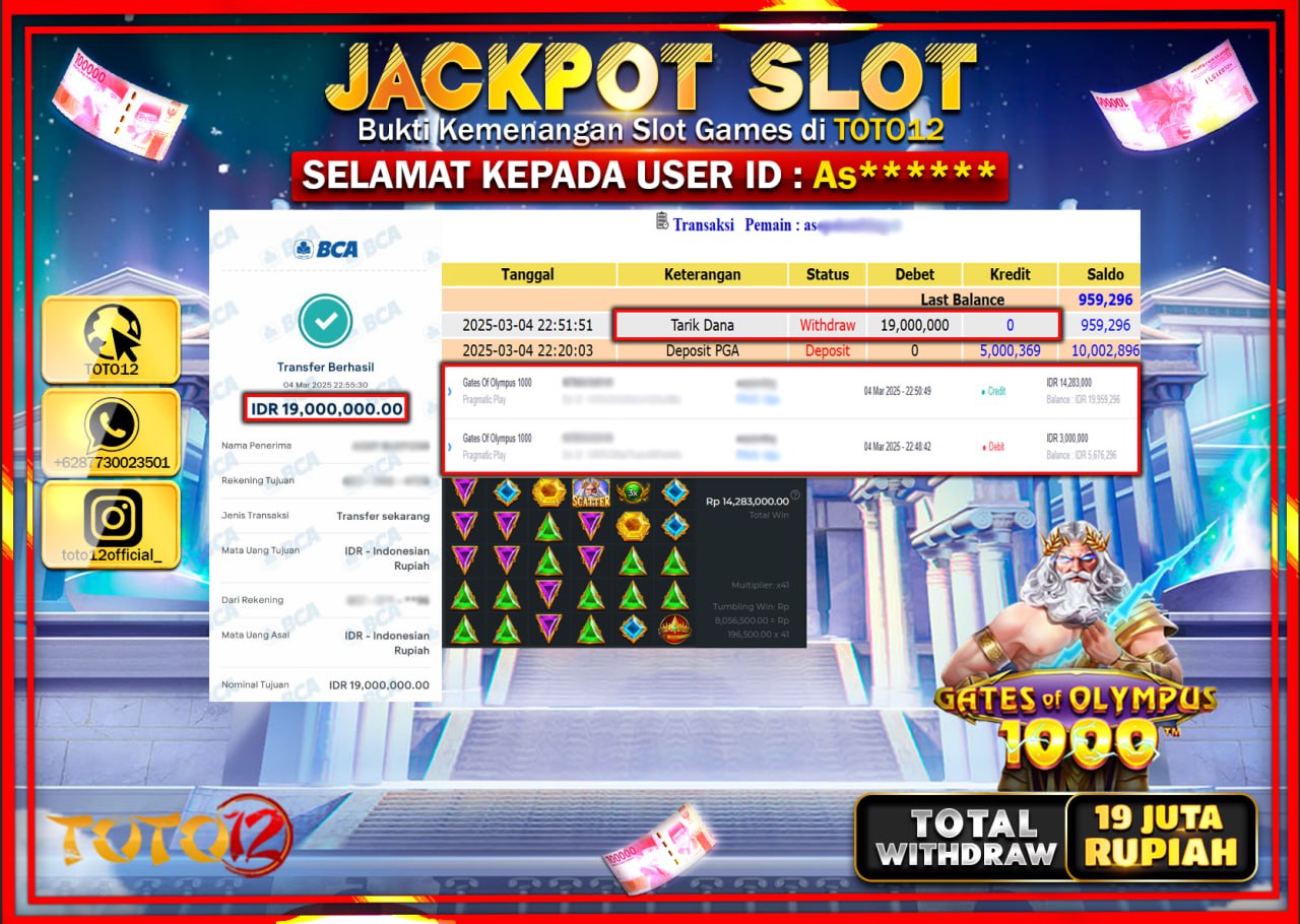 HANYA DI TOTO12 JP PASTI DI BAYAR LUNAS DAN CEPAT!!!!!! JACKPOT SLOT GAME (GATES OF OLYMPUS 1000) Rp.19.000.000 !!!!