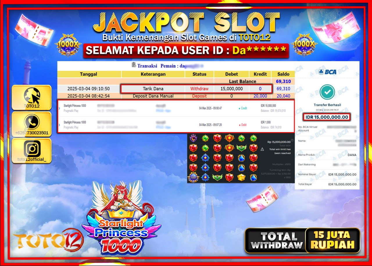 HANYA DI TOTO12 JP PASTI DI BAYAR LUNAS DAN CEPAT!!!!!! JACKPOT SLOT GAME (STARLIGHT PRINCESS 1000) Rp.15.000.000 !!!!