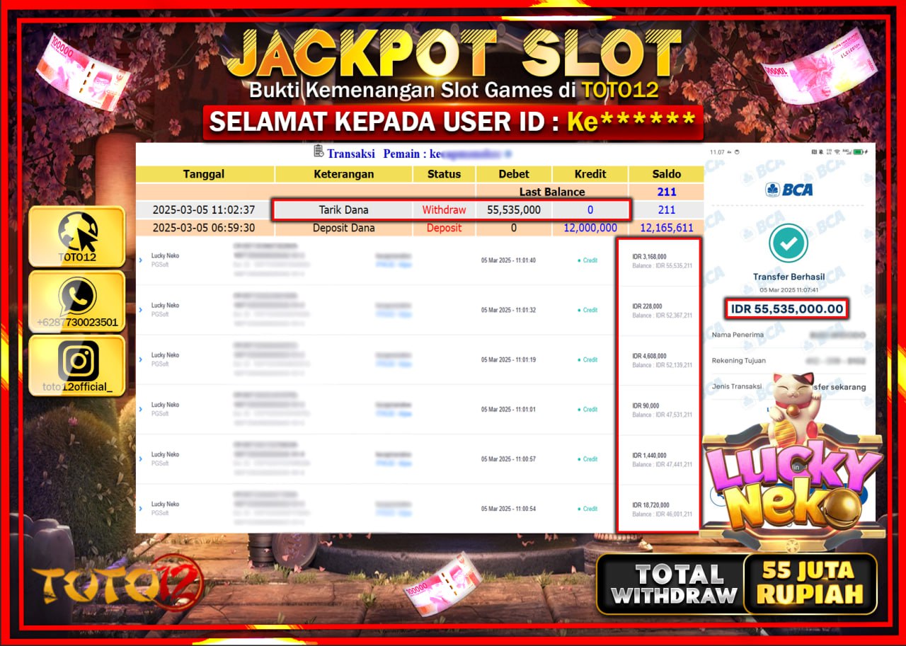 HANYA DI TOTO12 JP PASTI DI BAYAR LUNAS DAN CEPAT!!!!!! JACKPOT SLOT GAME (LUCKY NEKO) Rp.55.000.000 !!!!
