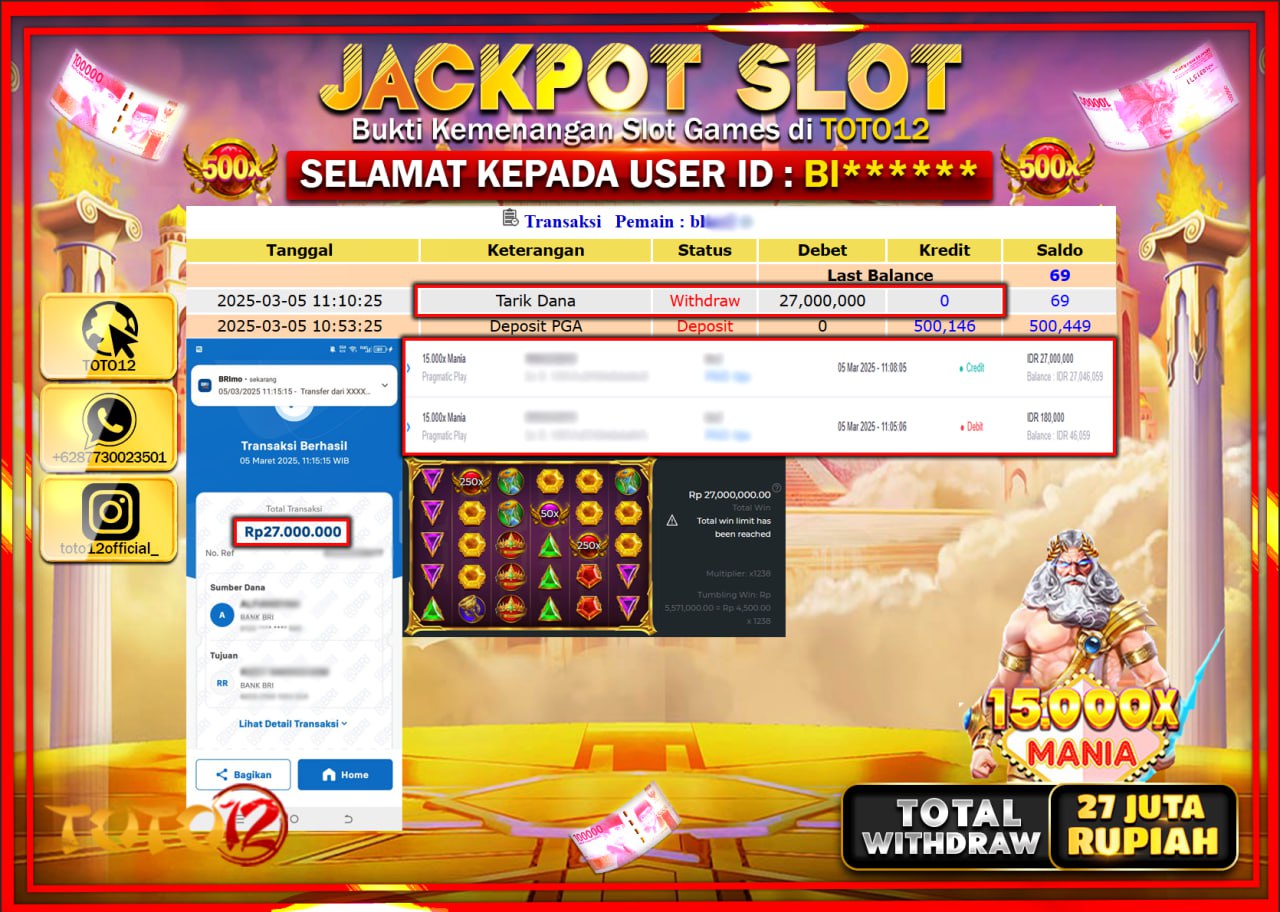 HANYA DI TOTO12 JP PASTI DI BAYAR LUNAS DAN CEPAT!!!!!! JACKPOT SLOT GAME (15.000X MANIA) Rp.27.000.000 !!!!
