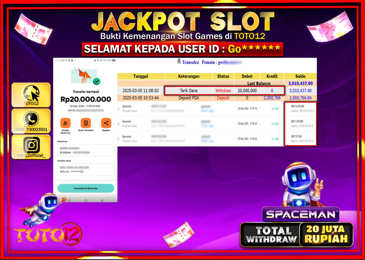 HANYA DI TOTO12 JP PASTI DI BAYAR LUNAS DAN CEPAT!!!!!! JACKPOT SLOT GAME (SPACEMAN) Rp.20.000.000 !!!!