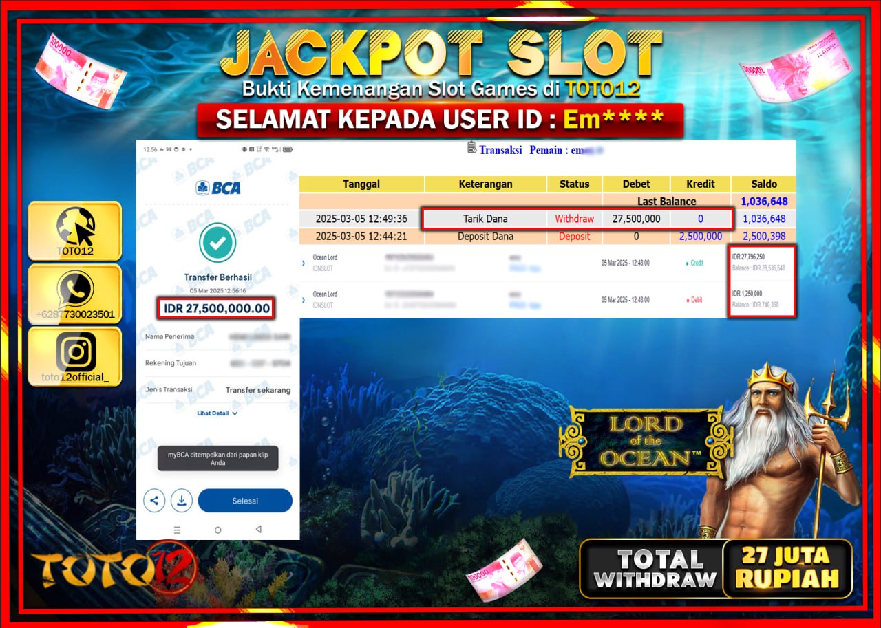 HANYA DI TOTO12 JP PASTI DI BAYAR LUNAS DAN CEPAT!!!!!! JACKPOT SLOT GAME (OCEAN LORD) Rp.27.000.000 !!!!