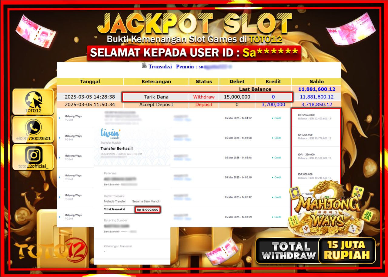 HANYA DI TOTO12 JP PASTI DI BAYAR LUNAS DAN CEPAT!!!!!! JACKPOT SLOT GAME (MAHJONG WAYS) Rp.15.000.000 !!!!